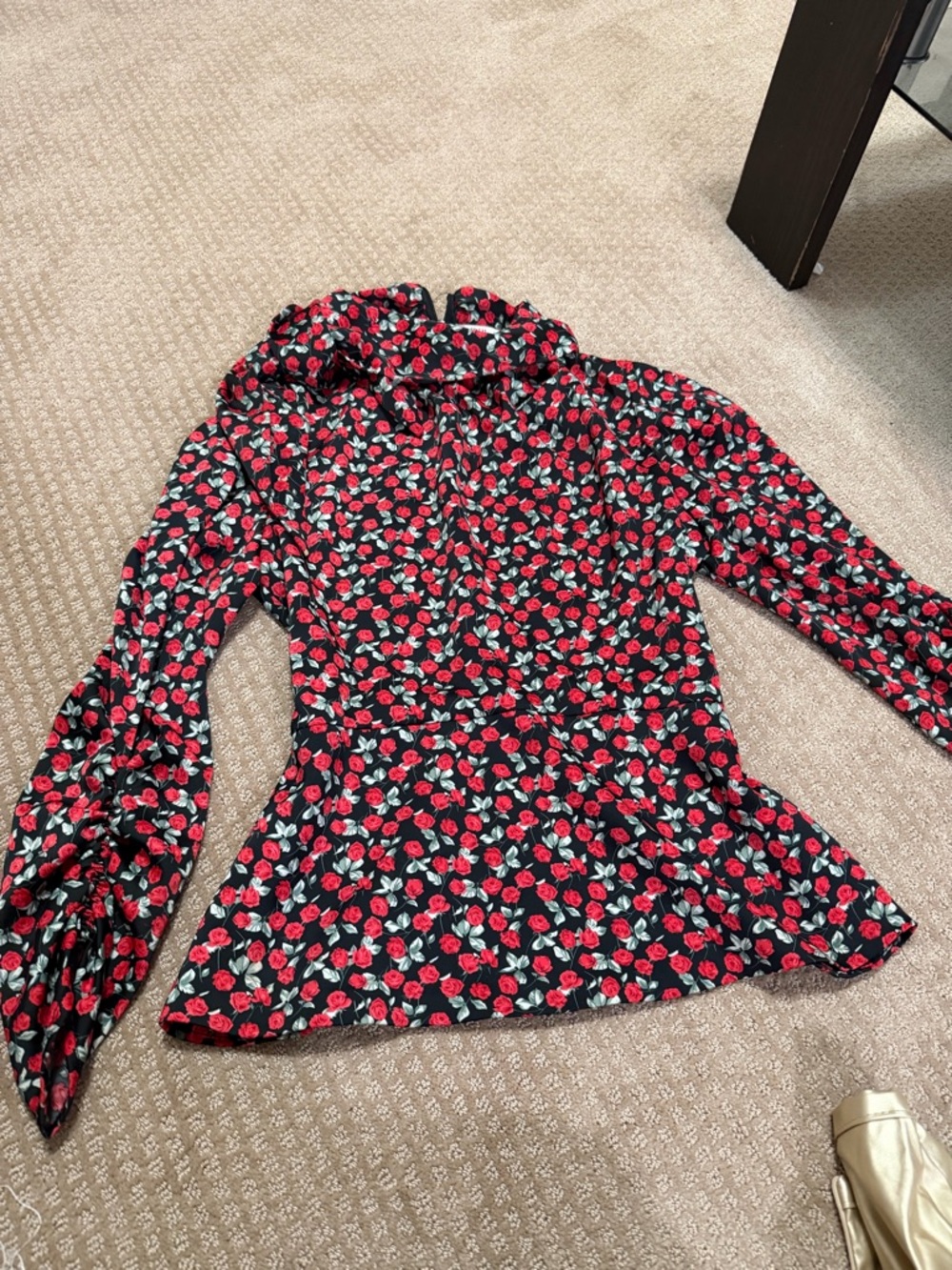 Zara Black Blouse with Red Rose Print and Green Leaves